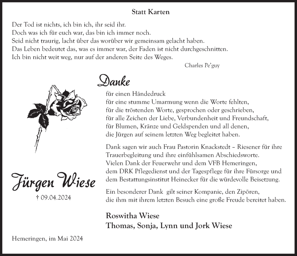  Traueranzeige für Jürgen Wiese vom 18.05.2024 aus Deister- und Weserzeitung