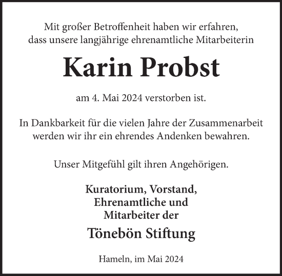 Traueranzeige von Karin Probst von Deister- und Weserzeitung