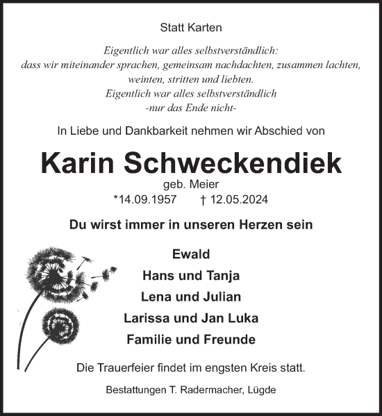 Traueranzeige von Karin Schweckendiek von Deister- und Weserzeitung