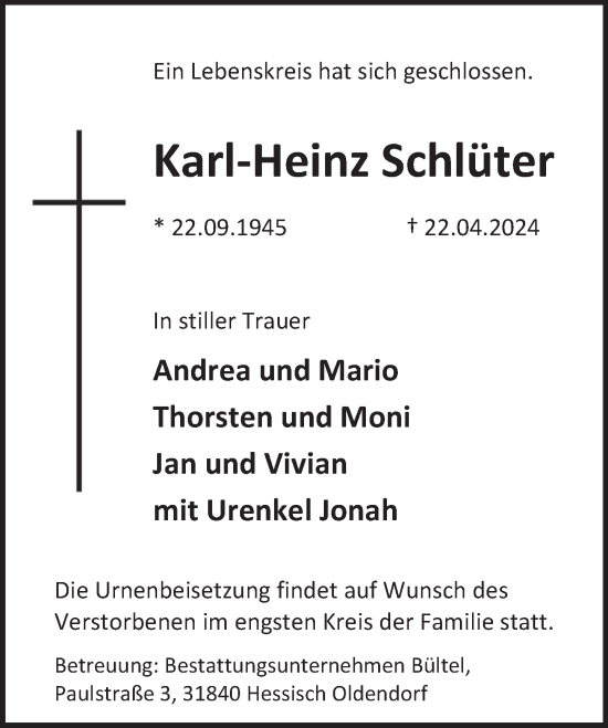 Traueranzeige von Karl-Heinz Schlüter von Deister- und Weserzeitung