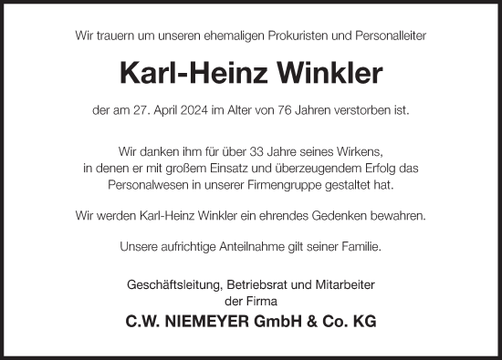 Traueranzeige von Karl-Heinz Winkler von Deister- und Weserzeitung