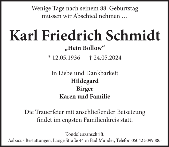 Traueranzeige von Karl Friedrich Schmidt von Neue Deister-Zeitung