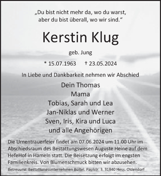 Traueranzeige von Kerstin Klug von Deister- und Weserzeitung