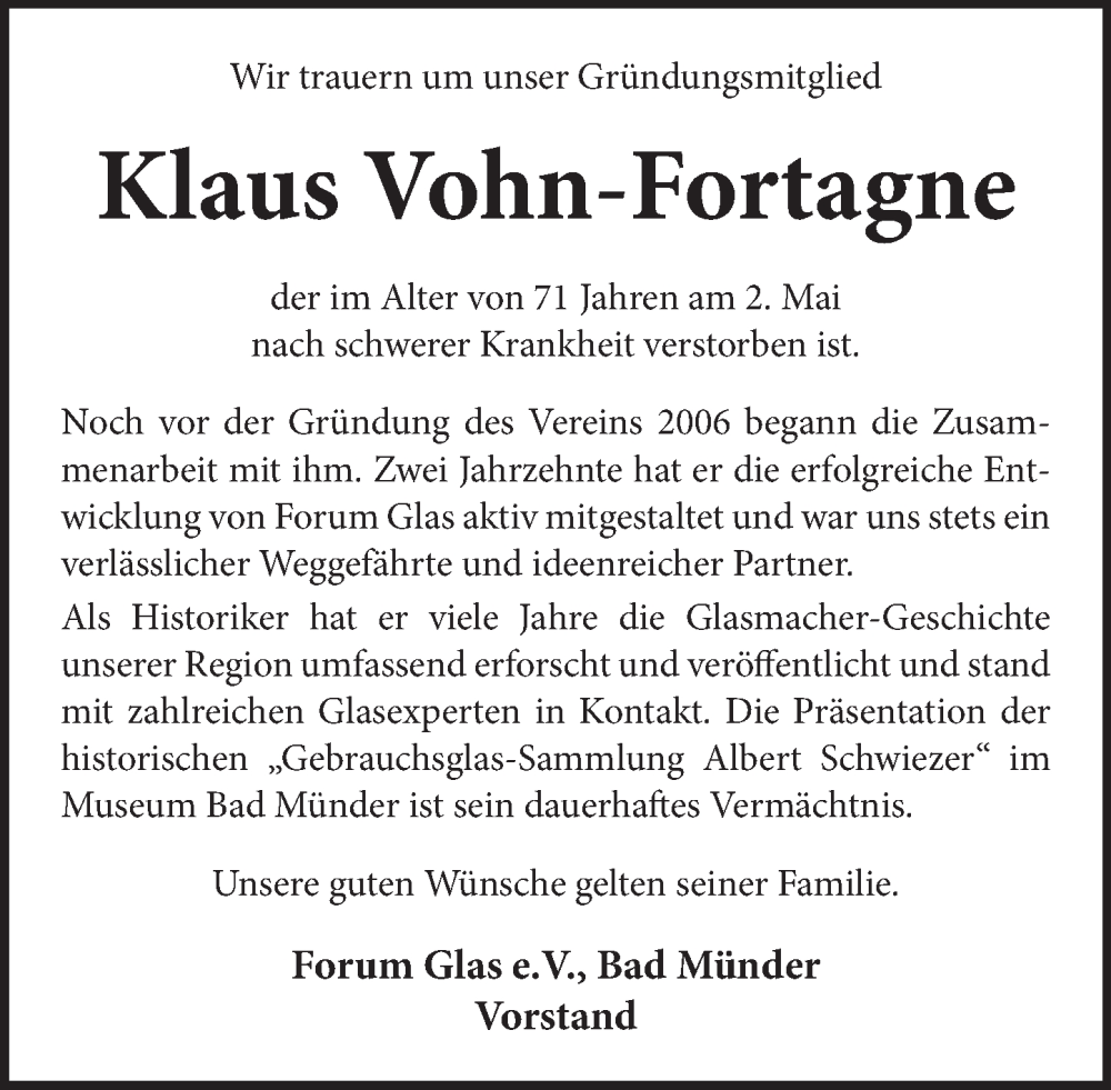  Traueranzeige für Klaus Vohn-Fortagne vom 18.05.2024 aus Neue Deister-Zeitung