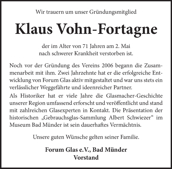 Traueranzeige von Klaus Vohn-Fortagne von Neue Deister-Zeitung