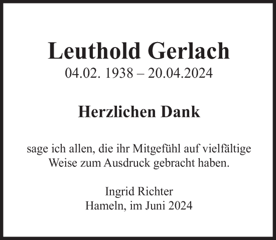 Traueranzeige von Leuthold Gerlach von Deister- und Weserzeitung