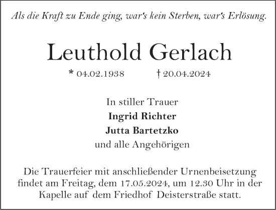 Traueranzeige von Leuthold Gerlach von Deister- und Weserzeitung