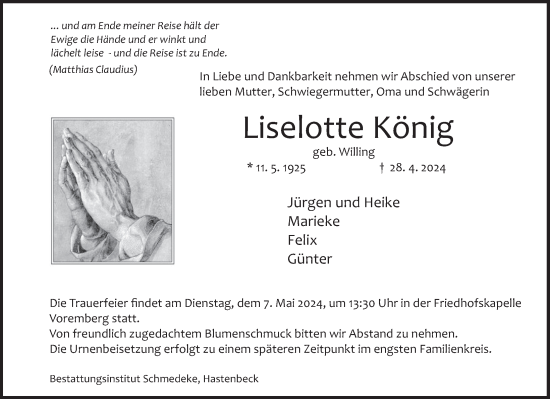 Traueranzeige von Liselotte König von Deister- und Weserzeitung