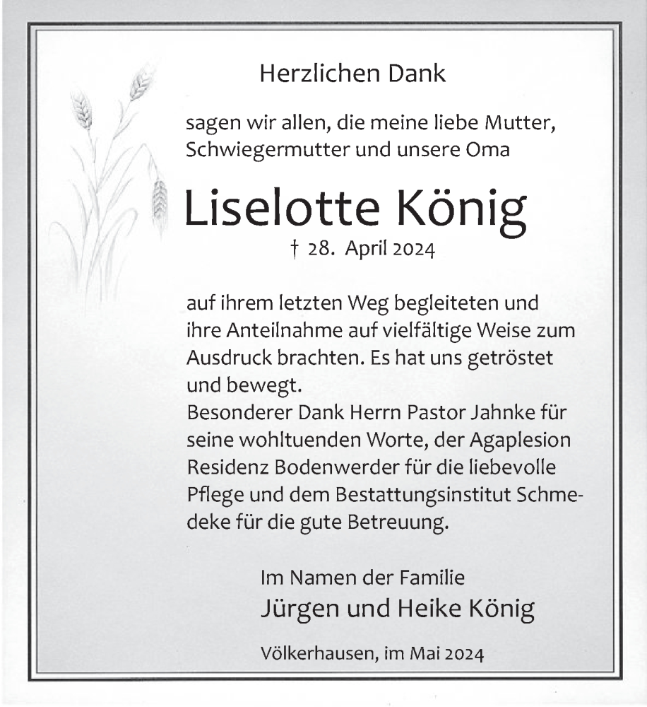  Traueranzeige für Liselotte König vom 25.05.2024 aus Deister- und Weserzeitung