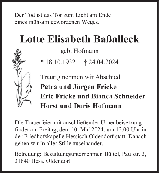Traueranzeige von Lotte Elisabeth Baßalleck von Deister- und Weserzeitung