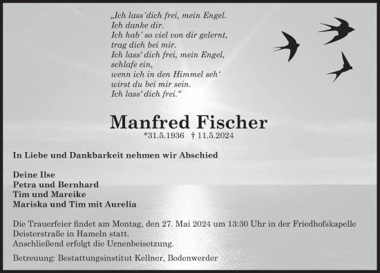 Traueranzeige von Manfred Fischer von Deister- und Weserzeitung