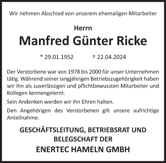 Traueranzeige von Manfred Ricke von Deister- und Weserzeitung