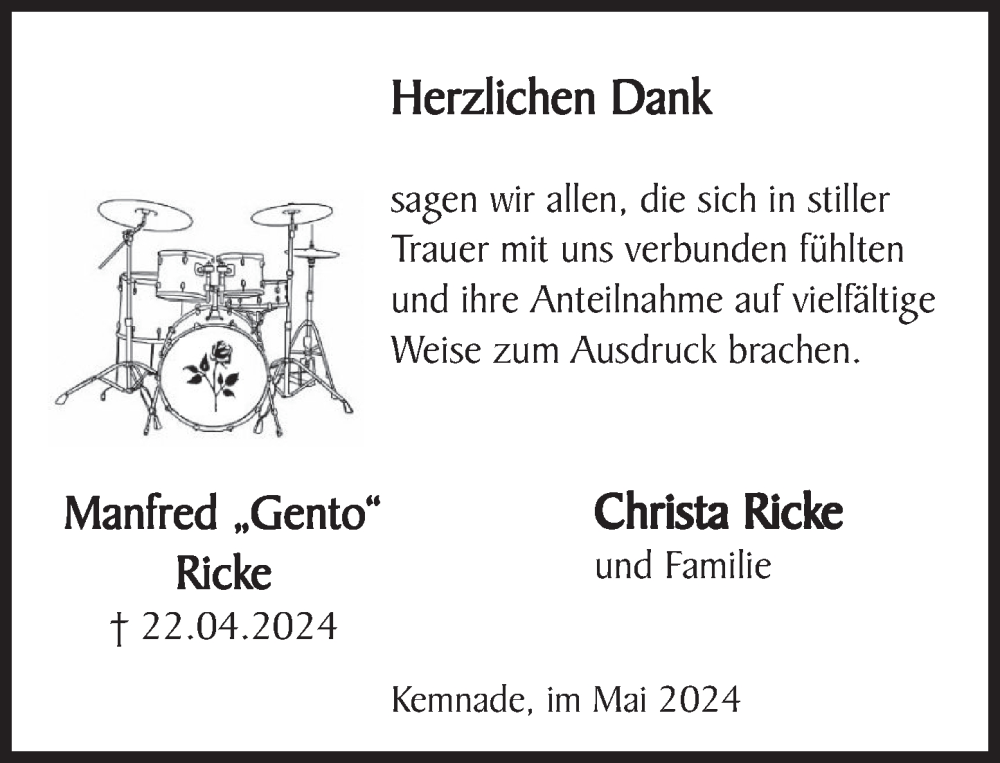  Traueranzeige für Manfred Ricke vom 11.05.2024 aus Deister- und Weserzeitung