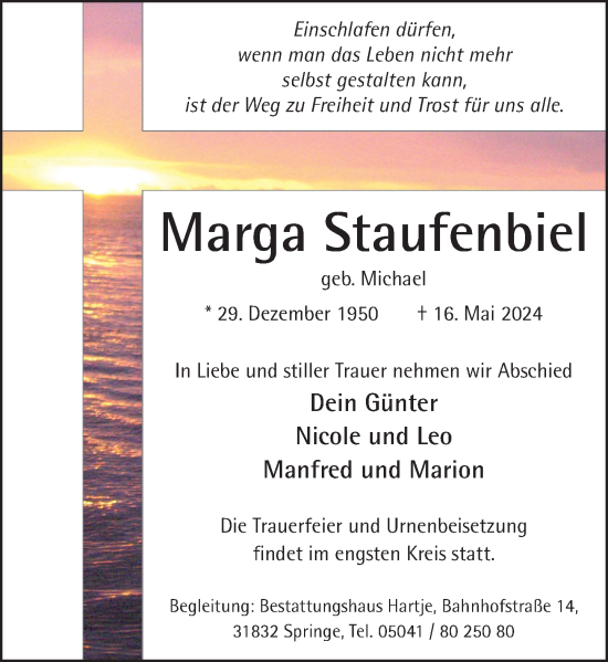 Traueranzeige von Marga Staufenbiel von Neue Deister-Zeitung