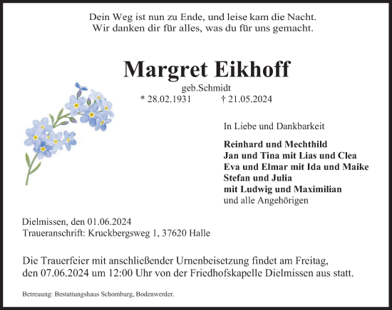 Traueranzeige von Margret Eikhoff von Deister- und Weserzeitung
