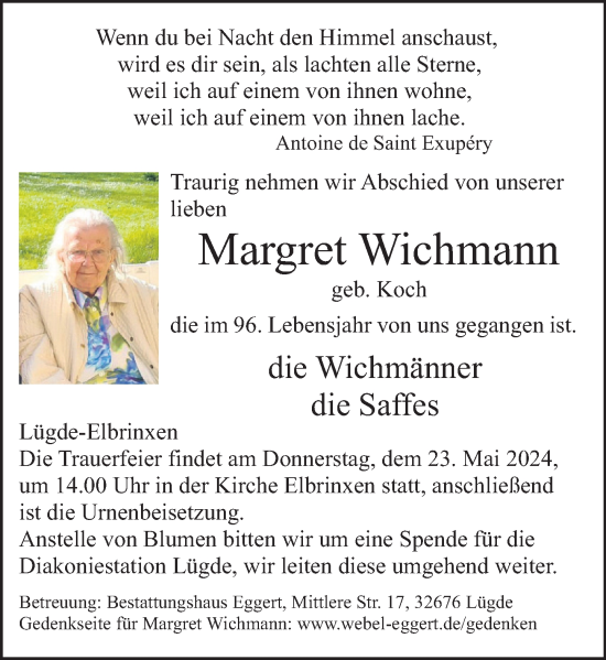 Traueranzeige von Margret Wichmann von Deister- und Weserzeitung