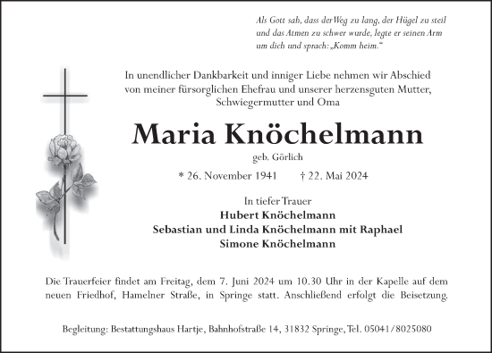 Traueranzeige von Maria Knöchelmann von Neue Deister-Zeitung