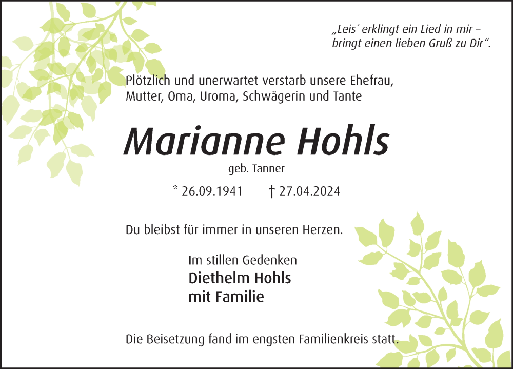  Traueranzeige für Marianne Hohls vom 18.05.2024 aus Neue Deister-Zeitung