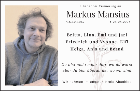 Traueranzeige von Markus Mansius von Deister- und Weserzeitung