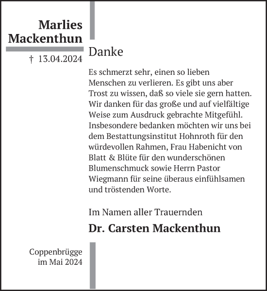Traueranzeige von Marlies Mackenthun von Deister- und Weserzeitung