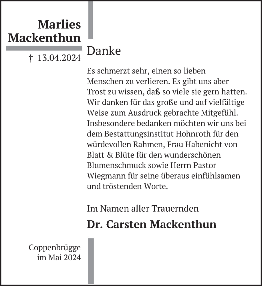  Traueranzeige für Marlies Mackenthun vom 25.05.2024 aus Deister- und Weserzeitung