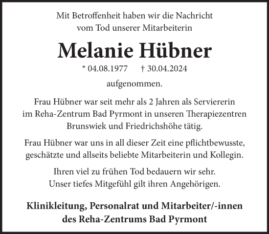 Traueranzeige von Melanie Hübner von Neue Deister-Zeitung