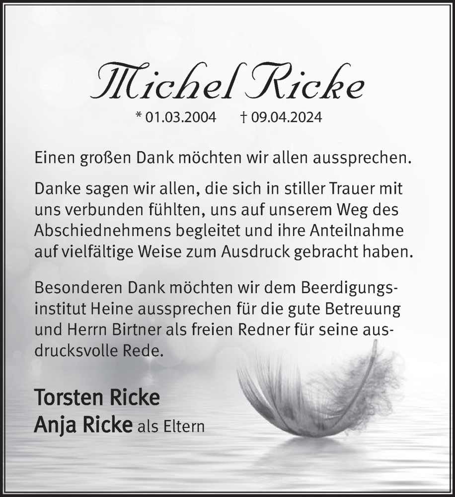  Traueranzeige für Michel Ricke vom 18.05.2024 aus Deister- und Weserzeitung