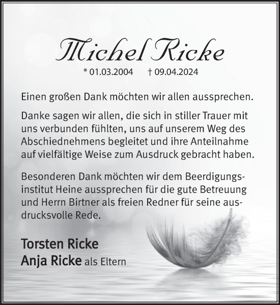 Traueranzeige von Michel Ricke von Deister- und Weserzeitung