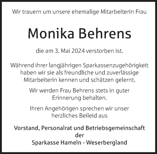 Traueranzeige von Monika Behrens von Deister- und Weserzeitung