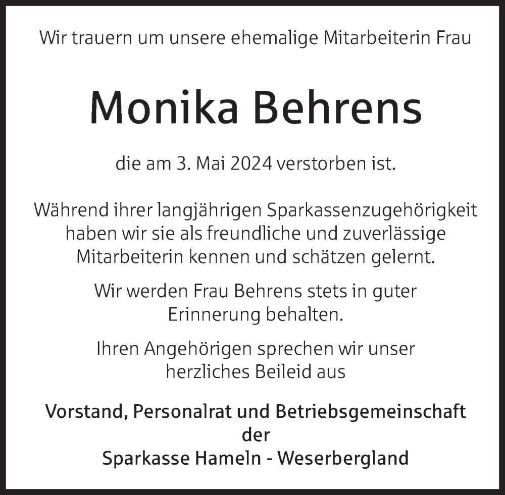  Traueranzeige für Monika Behrens vom 18.05.2024 aus Deister- und Weserzeitung