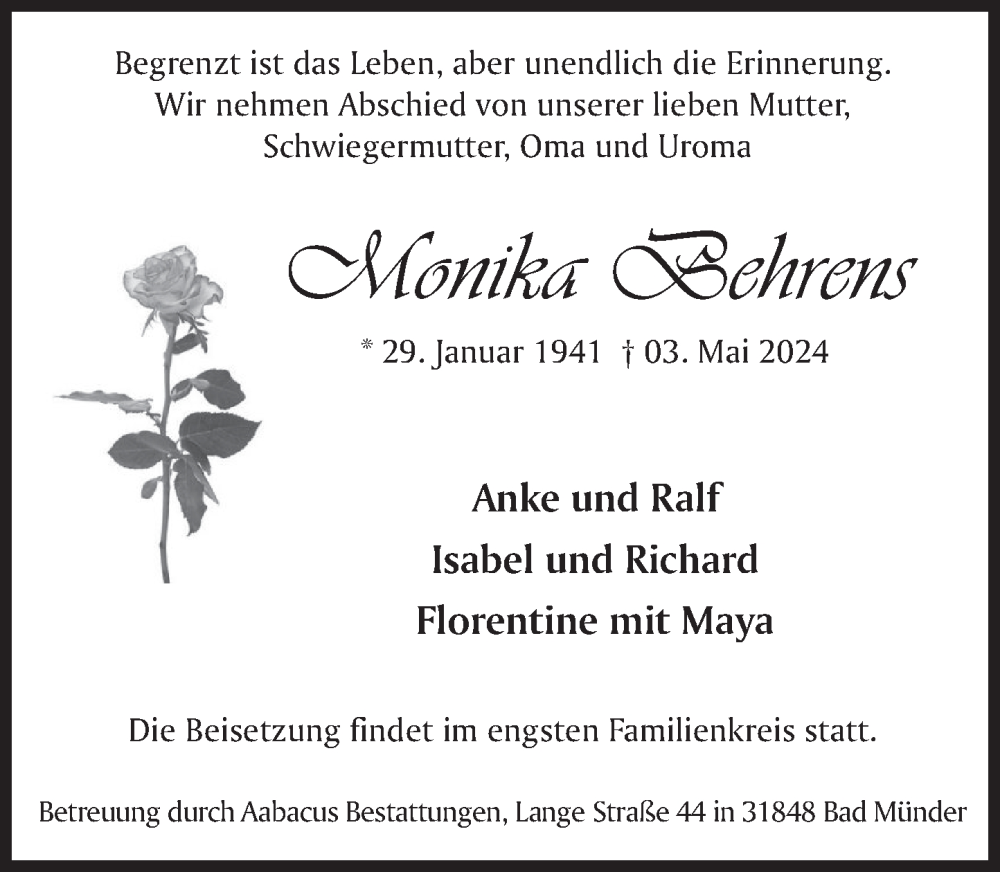  Traueranzeige für Monika Behrens vom 18.05.2024 aus Deister- und Weserzeitung
