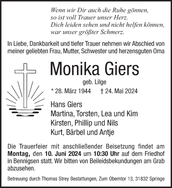 Traueranzeige von Monika Giers von Neue Deister-Zeitung