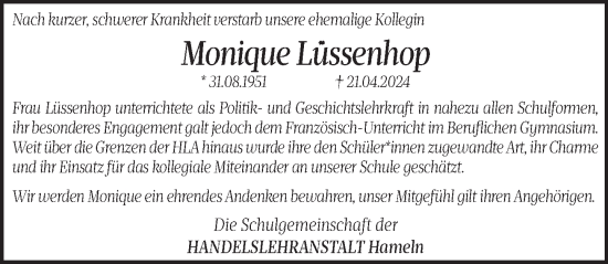 Traueranzeige von Monique Lüssenhop von Deister- und Weserzeitung