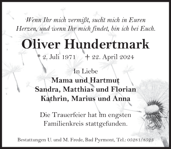 Traueranzeige von Oliver Hundertmark von Deister- und Weserzeitung