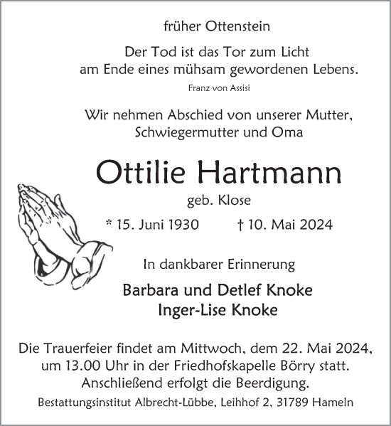 Traueranzeige von Ottilie Hartmann von Deister- und Weserzeitung