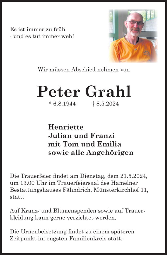 Traueranzeige von Peter Grahl von Deister- und Weserzeitung