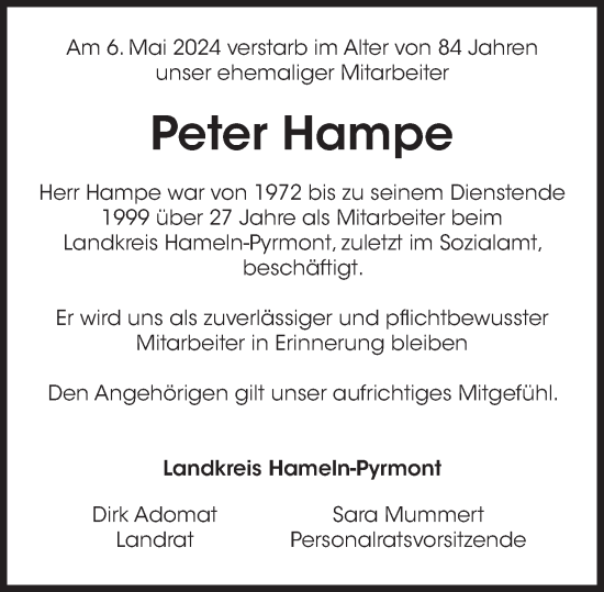 Traueranzeige von Peter Hampe von Deister- und Weserzeitung
