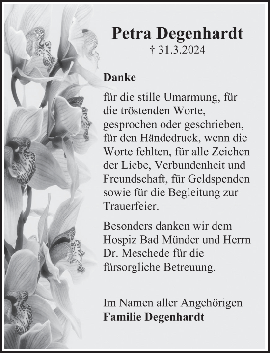 Traueranzeige von Petra Degenhardt von Deister- und Weserzeitung