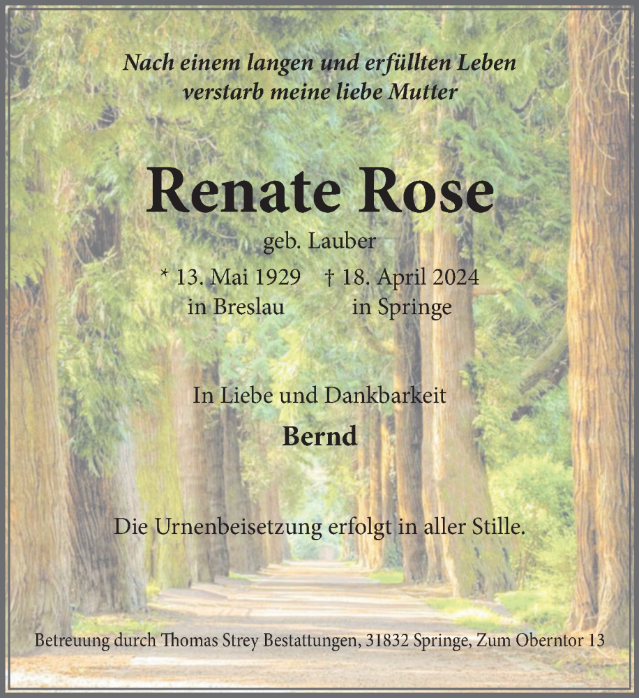  Traueranzeige für Renate Rose vom 11.05.2024 aus Neue Deister-Zeitung