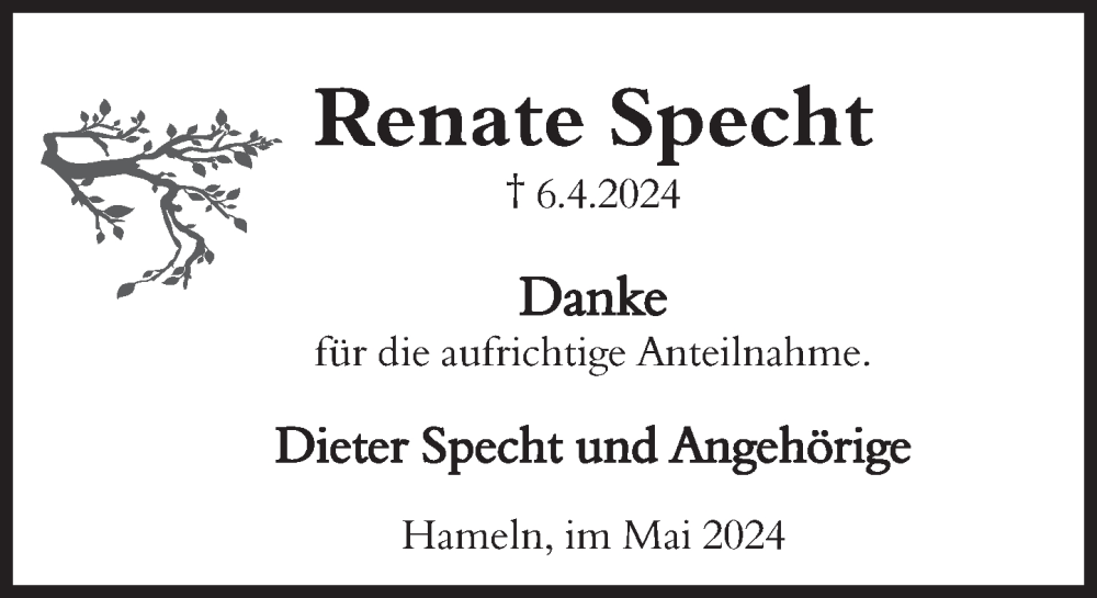  Traueranzeige für Renate Specht vom 08.05.2024 aus Deister- und Weserzeitung