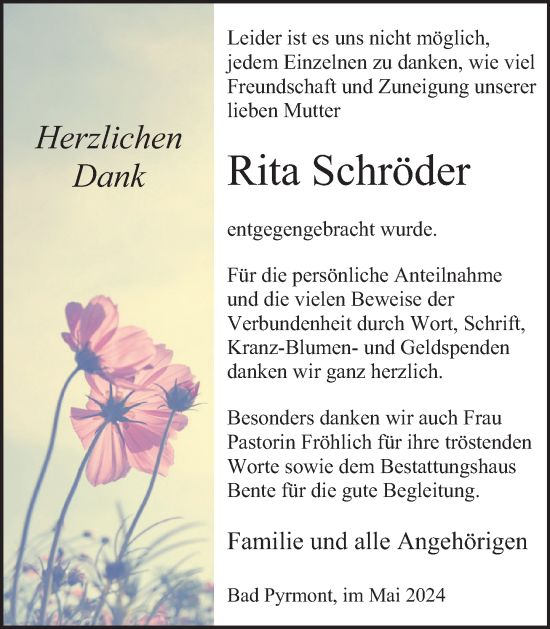 Traueranzeige von Rita Schröder von Deister- und Weserzeitung