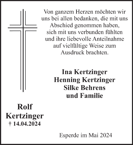 Traueranzeige von Rolf Kertzinger von Deister- und Weserzeitung