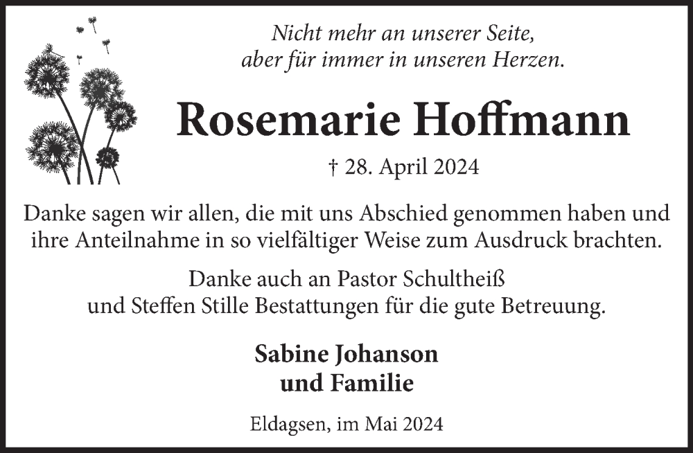 Traueranzeige für Rosemarie Hoffmann vom 25.05.2024 aus Neue Deister-Zeitung