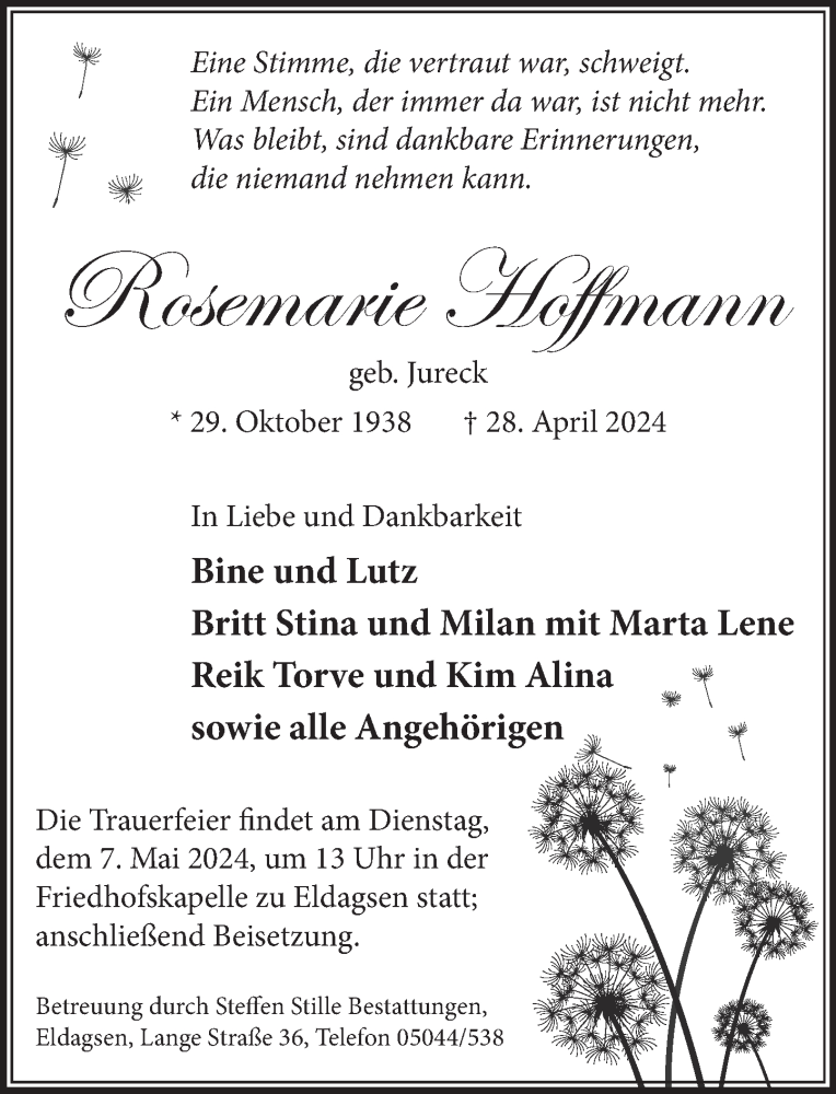  Traueranzeige für Rosemarie Hoffmann vom 04.05.2024 aus Neue Deister-Zeitung