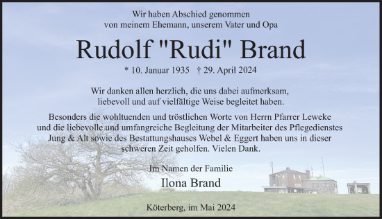 Traueranzeige von Rudolf Brand von Deister- und Weserzeitung