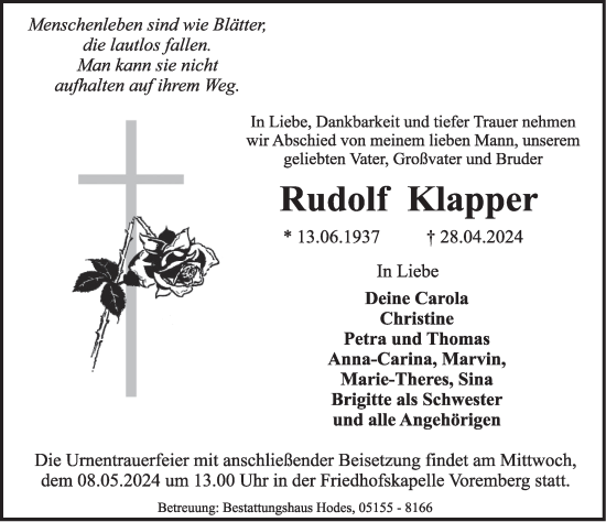 Traueranzeige von Rudolf Klapper von Deister- und Weserzeitung
