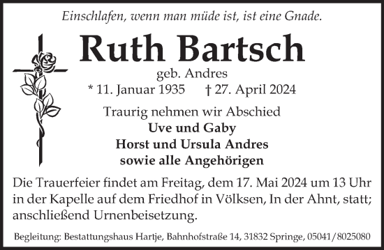 Traueranzeige von Ruth Bartsch von Neue Deister-Zeitung