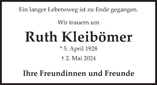 Traueranzeige von Ruth Kleibömer von Deister- und Weserzeitung