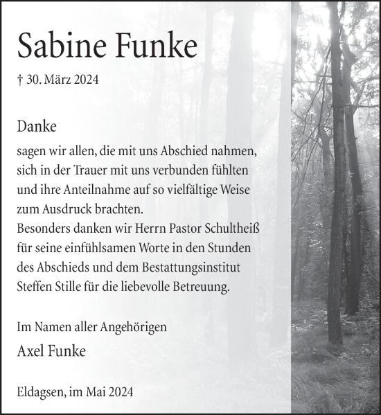 Traueranzeige von Sabine Funke von Neue Deister-Zeitung