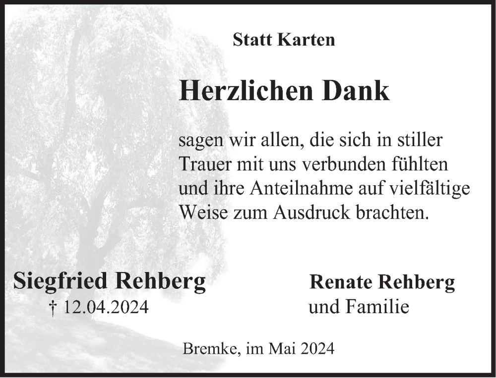  Traueranzeige für Siegfried Rehberg vom 18.05.2024 aus Deister- und Weserzeitung